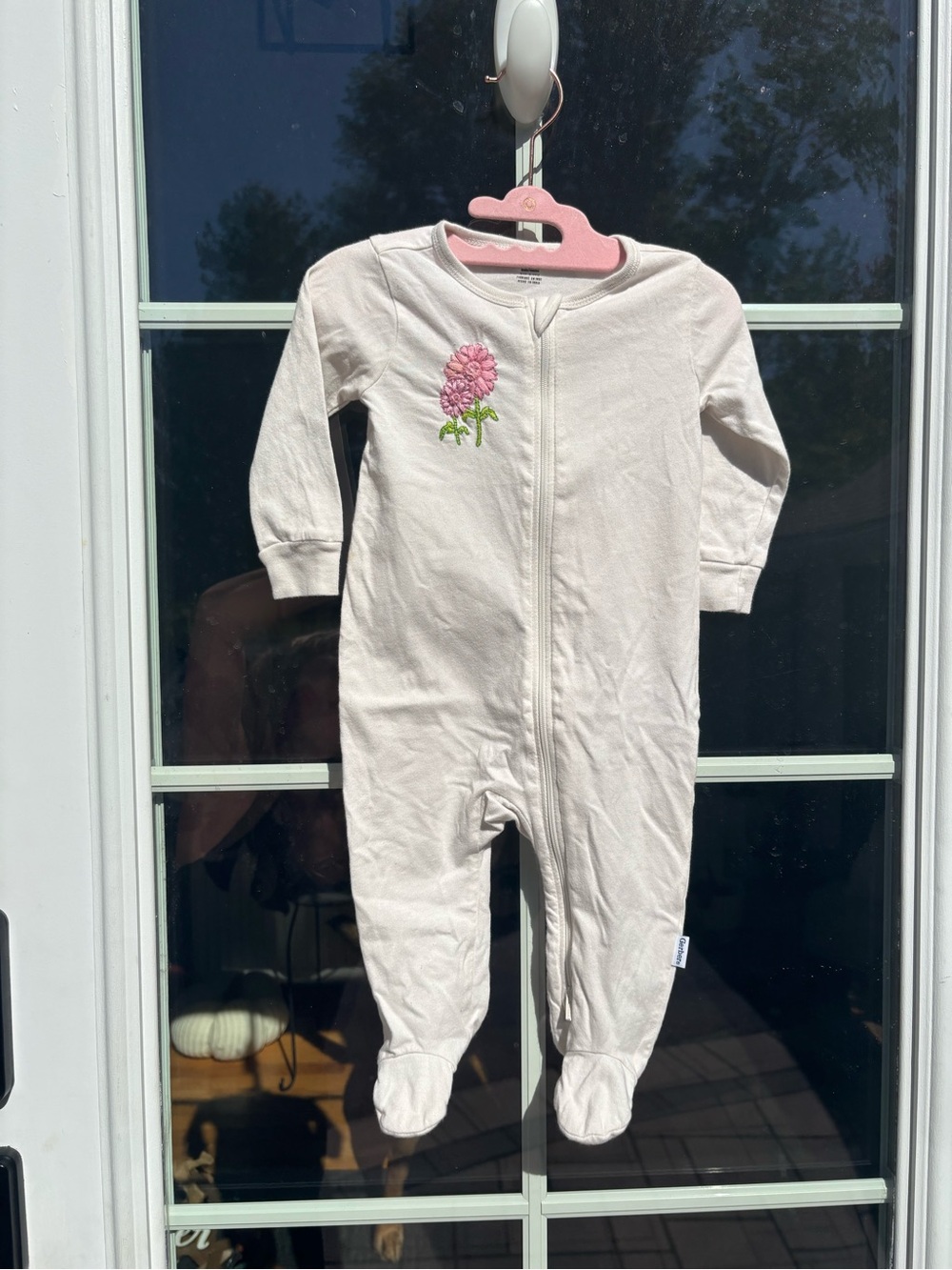 *upcycled* hand sewn Gerber Cream Footed One-Piece with Pink Flower Embroidery